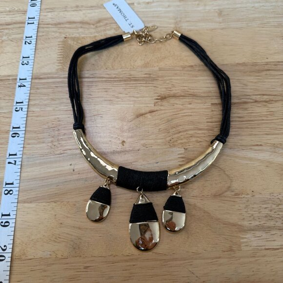 St. Thomas Gold & Black Pendant Necklace, Statement, Neutral, Chunky, Hammered - Picture 8 of 9